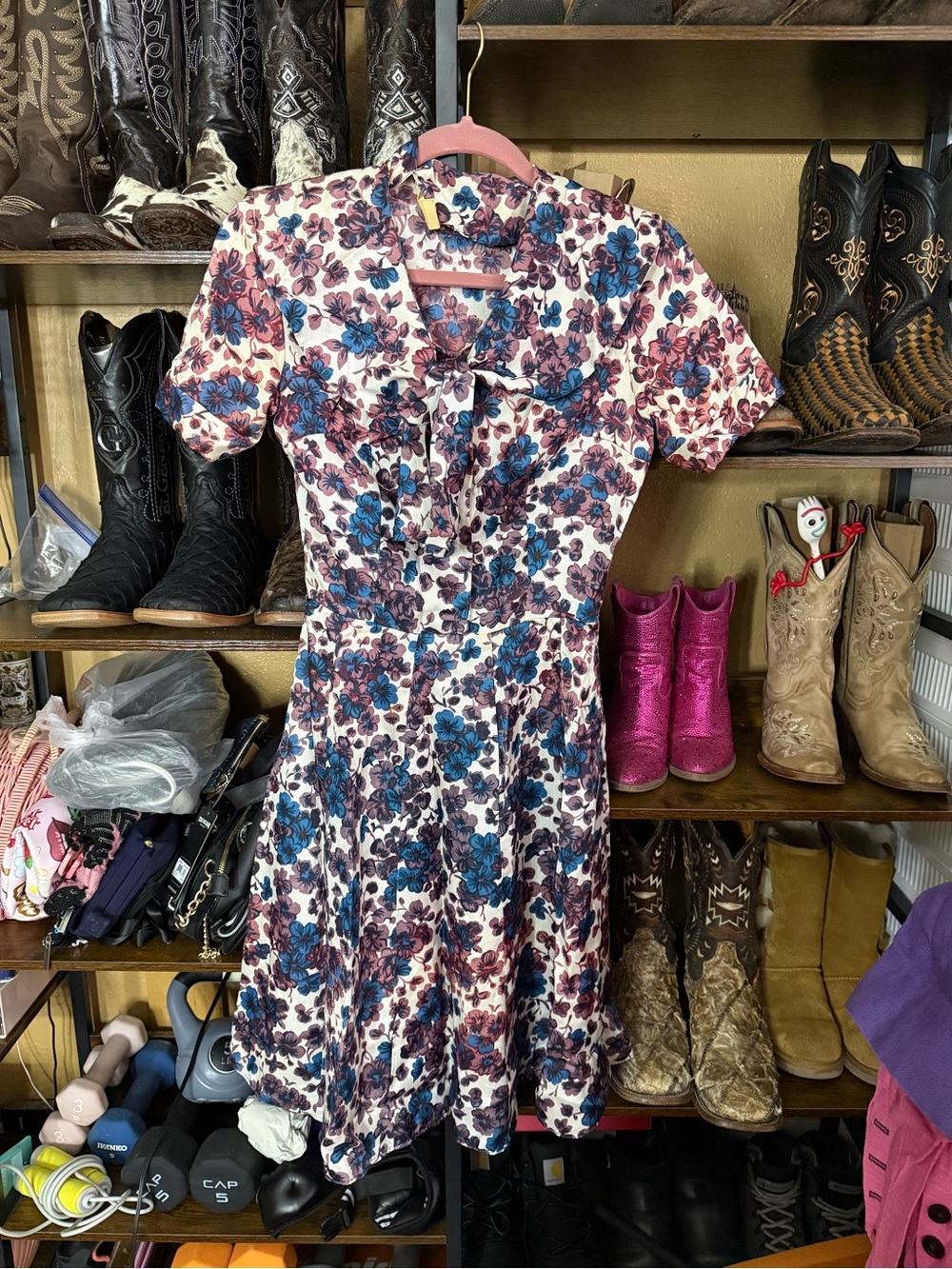 1950s satin Floral Tie-Neck Fit & Flare Dress - Blue & Purple